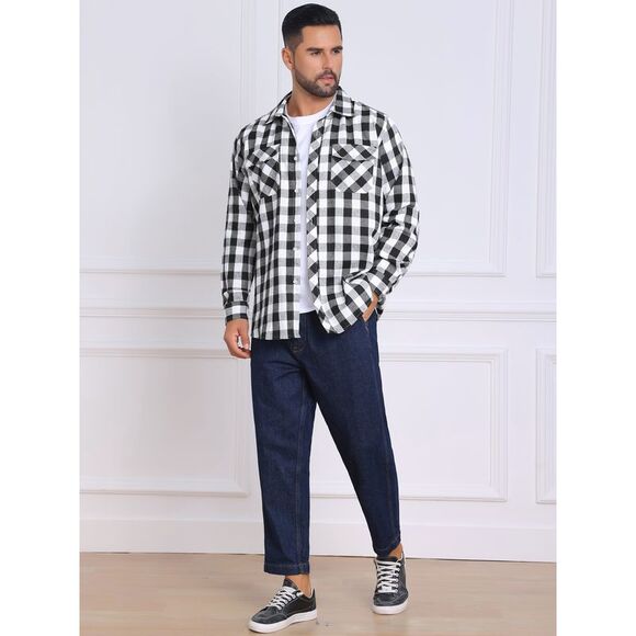 Contrasting Colors Checked Slim Fit Long Sleeved Shirt with Pocket Black White - Picture 2 of 8